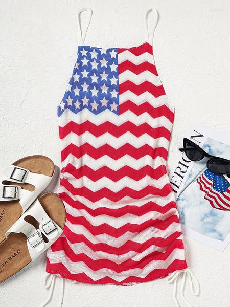 Vestidos casuales Bandera americana Playa Cubrir Cami Mujeres 4 de julio Cordón Sin espalda Correa de espagueti Mini vestido gráfico Verano Sling