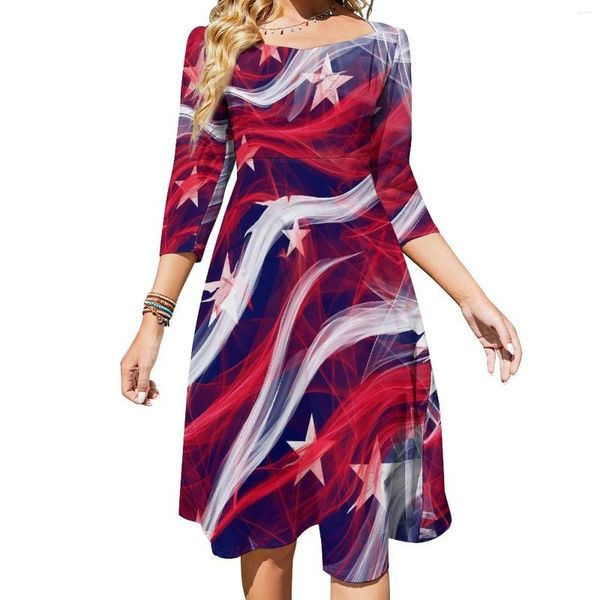 Vestidos casuales Vestido de bandera americana Banderas abstractas Imprimir elegante Primavera Sexy Cuello cuadrado Patrón elegante Tamaño grande 4XL 5XL