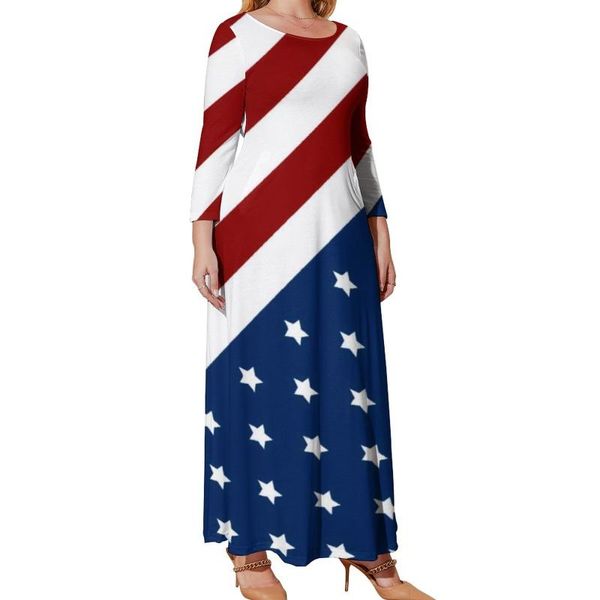 Vestidos casuales Vestido de bandera estadounidense Manga larga Diseño de estrella patriótica Lindo Maxi Primavera Estética Impreso Playa Tamaño grande