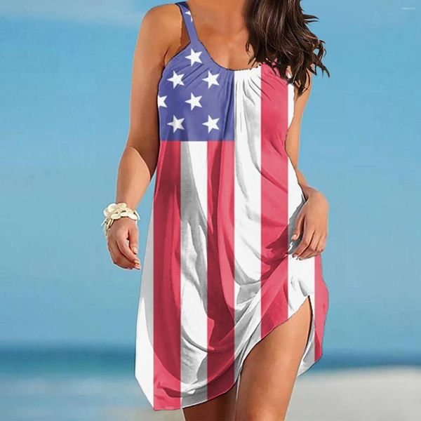 Robes décontractées drapeau américain imprimer Mini robe de plage Sexy femmes sangle soirée sans manches sans bretelles dames femmes Vestidos