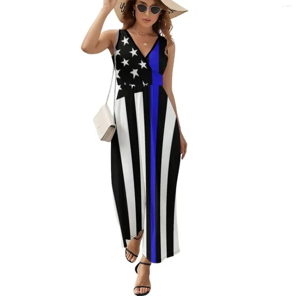 Vestidos casuales American Thin Blue Line Bandera Patrón Negro (1) Vestido Trendy Maxi V Cuello Gráfico Boho Beach Long Street Fash