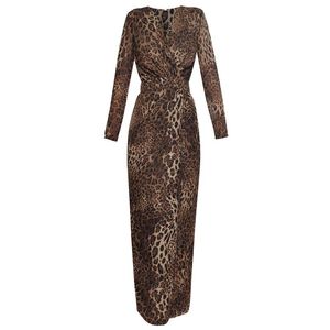 Vestidos casuales con estampado animal leopardo elegante vestido de fiesta saliendo cena de cena para mujeres envueltas en velo con cuello de manga larga maxi maxi