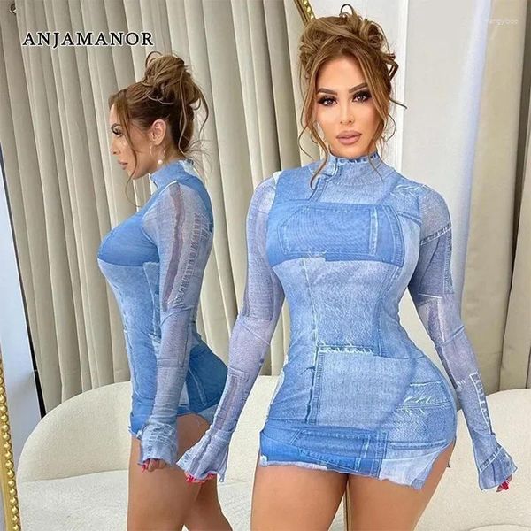 Vestidos informales Anjamanor 3D Blue Denim Print Manga larga Vestido ajustado Moda Sexy Club Trajes Turtleneck Slit Mini para mujeres D85BD17