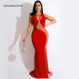 Casual jurken Anjamanor bling luxe avondjurken Rhinestone mesh mouwloze open rug maxi jurk vrouwen verjaardagsfeestje Vestidos d42-dh30 t230210