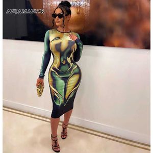 Casual Jurken ANJAMANOR Mode 3D Body Print Bodycon Jurk Sexy Nachtclub Outfits voor Vrouwen 2023 Lente Lange Mouw Midi Jurken D85-CZ24 T230210