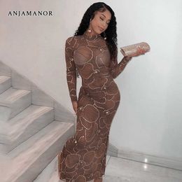 Casual jurken Anjamanor Rhinestone verfraaid mesh sexy sheer jurk feest avondclub flare zoom maxi jurken voor vrouwen lange mouwen d66-dg13 t230210