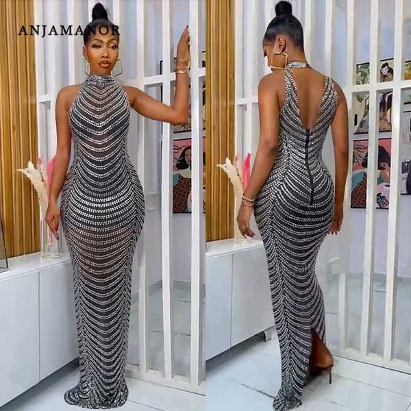 Vestidos casuales ANJAMANOR Rhinestone Sparkly Mesh Backless Bodycon Maxi Dress Sexy Ladies Party Dress Cumpleaños Discoteca Vestidos de noche D42-GE42 T230210