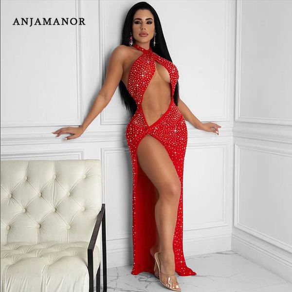 Robes Décontractées ANJAMANOR Sexy Cristal Mesh Voir À Travers Maxi Robes pour Femmes Party Clubwear Rouge Scintillant Haute Split Longue Robe De Soirée D42-FF31 T230210