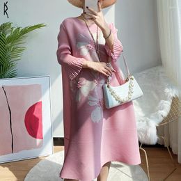 Robes décontractées Anlan 2023 Été Plissé Miyake Robe Mode Flare Imprimer Manches Col Rond Élégant Vêtements Pour Femmes 6KK152