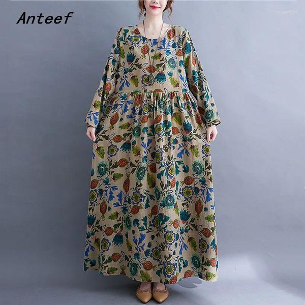 Robes décontractées Anteef manches longues coton vintage floral pour femmes lâche femme été printemps automne robe vêtements élégants 2024