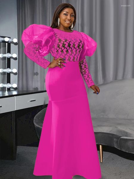 Robes Décontractées AOMEI 4XL Femmes Parti Robe Longue Sirène Trompette Rose Dentelle Manches Bouffantes Voir À Travers Transparent Sexy Femme Événement Robe De Bal