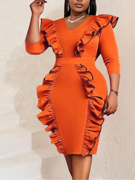 Robes décontractées AOMEI Bodycon Dress Party Femmes V Cou À Manches Longues Taille Haute Volants Package Hip Soirée Cocktail Événement Grande Taille 4XL