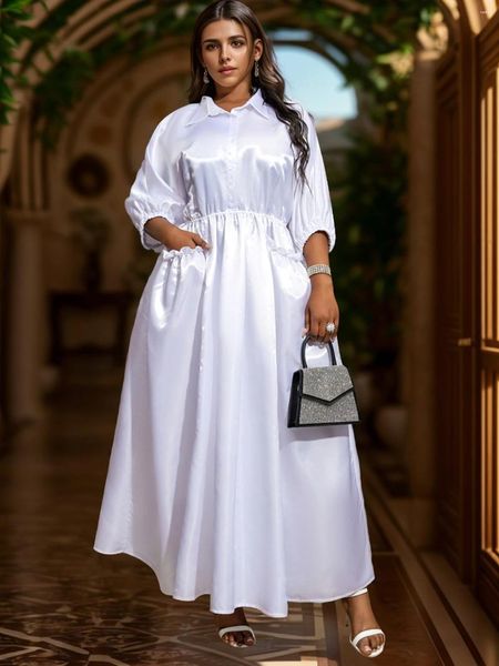 Vestidos casuales AOMEI Moda elegante mujer botón blanco vestido de camisa 2024 retro mujer tres cuartos bata de un solo pecho