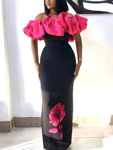 Robes décontractées AOMEI Femmes Longue Robe De Soirée Hors Épaule Rose Noir Patchwork Volant Africain Élégant Mariage Invité Anniversaire Célébrer Maxi