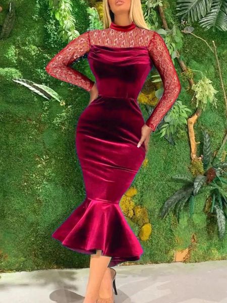 Vestidos casuales Aomei mujeres vino terciopelo vestido de fiesta de Navidad encaje patchwork cuello alto manga larga pliegue delgado sirena noche formal ocasión