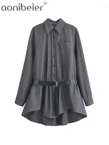 Casual jurken aonibeier met riem gestreepte print vrouwen shirt gewaad jurk 2024 lente lange mouw asymmetrische vrouwelijke mini y2k