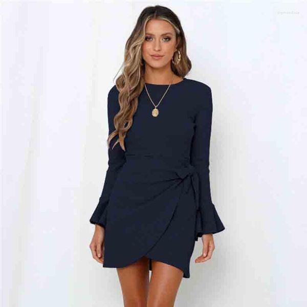 Robes décontractées Robe abricot Flare manches longues O cou taille élastique femme solide mince arc midi dans la fête du club