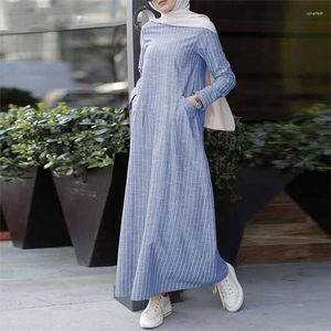 Robes décontractées Arabe Abaya Caftan Islamique Ramada Prière Femmes Robe Dubaï Turquie Rayé Rétro Mode Lin Robe Robe Musulman Vêtements