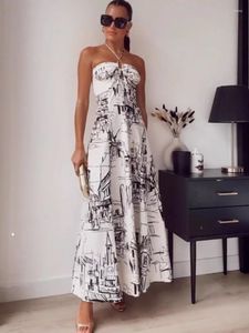 Casual jurken architectuur geprinte mode in vrouwen zomer halter jurk sexy feest a-line witte maxi zwart vestidos strand boho 2024