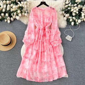 Casual Jurken Collectie Herfst Runway Roze Bloemenprint Chiffon Jurk Elegante dames O Hals Lantaarn Mouw Ruches Bloem Midi Kleding