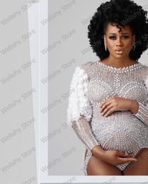 Robes décontractées Arrivée De Luxe Perles Diamant Tulle Robe Pour Les Femmes De Maternité Po Shoot Sexy Costume À Manches Longues Afrique Du Sud Pageant Robes