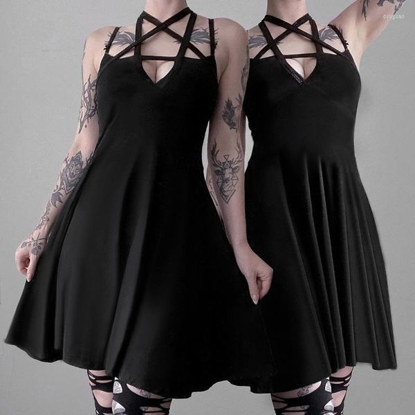 Robes décontractées arrivée pentagramme sangle gothique robe femmes Punk Grunge mince Sexy paréos 2023 a-ligne sombre sans manches été