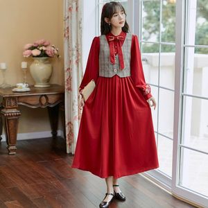 Robes décontractées arrivée rouge broderie femmes gilet robe doux nœud col à manches longues automne Vestido Plaid plissé rétro noël