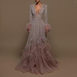 Robes décontractées arrivée paillettes perles robe De soirée De bal 2023 manches longues plumes Mauve soirée formelle Vestido De Noche personnalisé