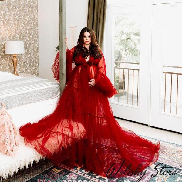 Robes décontractées Arrivée Sexy Rouge Maternité Tulle Femmes Longue Sheer Longueur De Plancher Avec Robe De Train Po Shoot Grossesse Robe De Bal