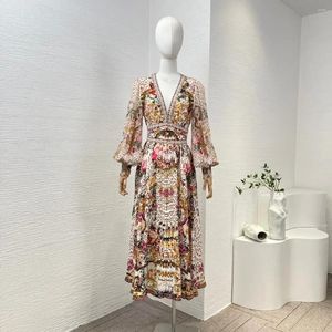 Robes décontractées Arrivée de qualité supérieure haute taille haute imprimé floral à manches longues à manches longues en soie printemps d'été pour femmes