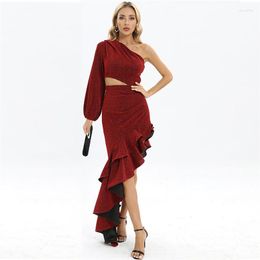 Vestidos casuales Llegadas Un hombro Maxi Vestido Mujer Hollow Out Split Ruffles Elegante Sexy Celebrity Evening Party Club Vestidos