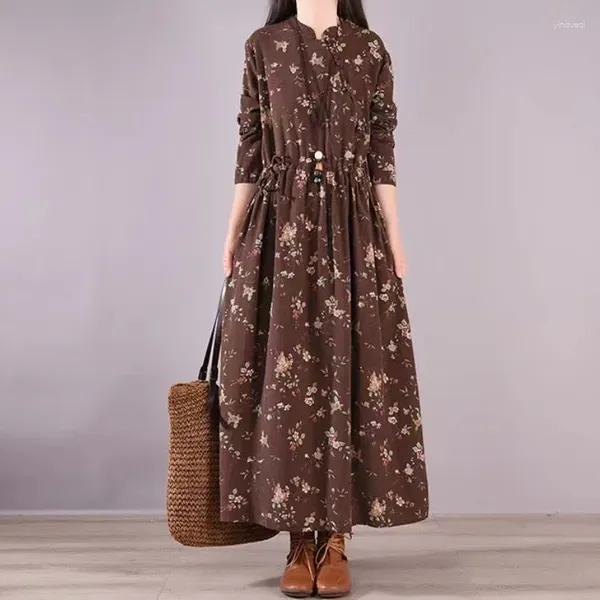 Robes décontractées art coton et lin à manches longues petites en dentelle florale show fine robe en une seule pièce jupe en ligne A-line