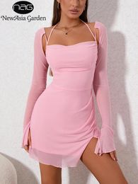 Robes décontractées Asie Sweet Mesh Robe rose à manches longues Femmes Sexy Solide Bandage Dos Nu Mini Robe Mujer Summer Vacation Party Club Outfit