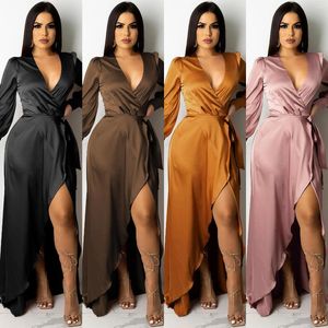 Robes décontractées robe asymétrique tempérament commentaire 2023 mode Sexy couleur unie femmes profonde V attaché long sommeil fendu