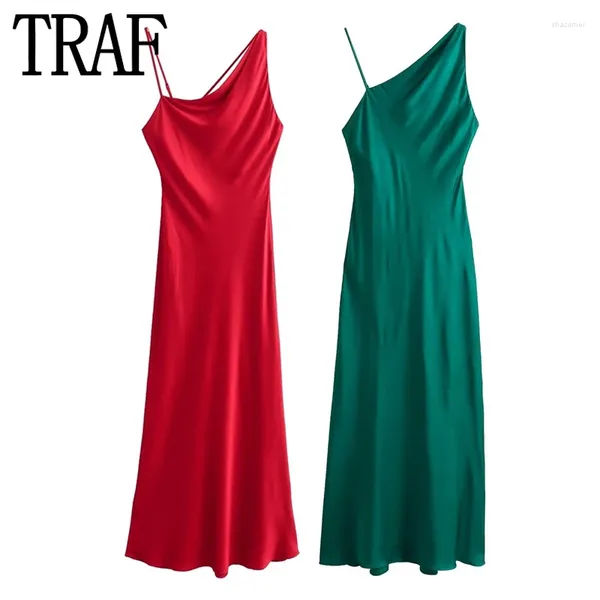 Vestidos casuales vestidos de satén asimétricos mujer rojo verde resbate largo