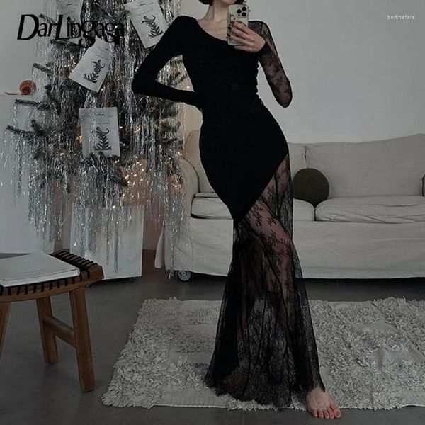 Robes décontractées asymétrique noir sexy dentelle robe fête élégante transparente mode longue femmes bal soirée tenues été