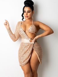 Robes décontractées Asymétrique Sequin Prom Deux Pièces Ensemble Femmes Laçage Corset Et Une Épaule Night Club Robes De Soirée Robe De Soirée Sexy