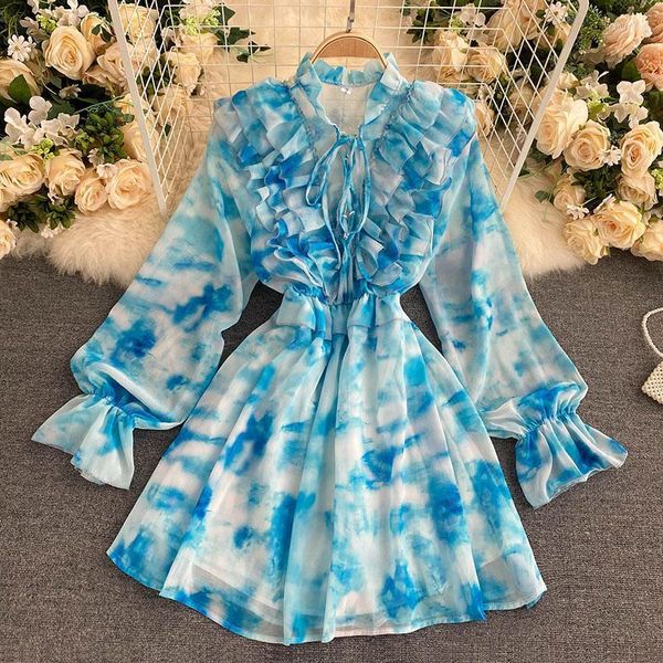 Vestidos casuales otoño 2022 azul Tie-Dye Mini vestido mujeres dulce volante gasa Vestidos mujer elegante Flare manga larga Irregular Robe Fashi