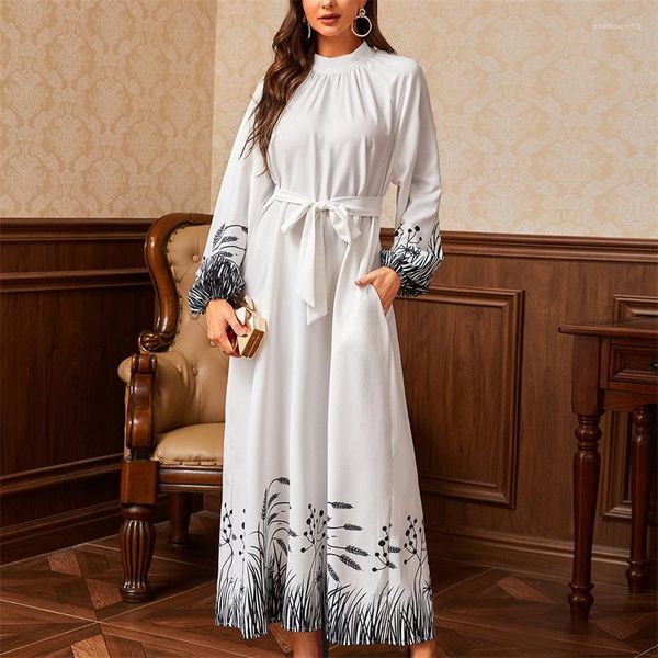 Robes décontractées automne 2023 robe longue arabe musulman lanterne manches imprimé ceinturé col rond Maxi printemps hiver caftan