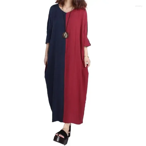 Robes décontractées automne 2024 Femme Robe en lin coton patchwork à manches longues printemps plus taille vintage maxi 4xl 5xl