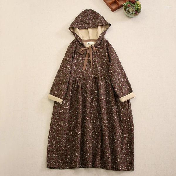 Robes décontractées automne et hiver Mori femme japonais floral à capuche épais coton robe à manches longues en vrac grande taille robe rétro