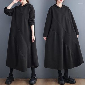 Vestidos casuales Otoño e Invierno sudadera vestido mujer 2023 parche de gofre con capucha negro suelto salvaje sudaderas con capucha túnicas femeninas T799