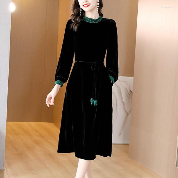 Robes décontractées automne noir mode tempérament élégant velours longue robe coréenne Vintage manches femmes fête jupe