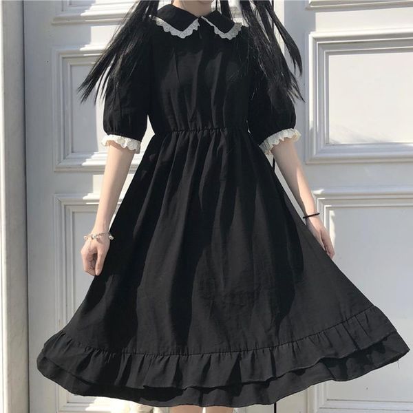 Robes décontractées automne noire kawaii lolita robe sen girl fairy mignon lolita poupée collier manche en manches à la mode