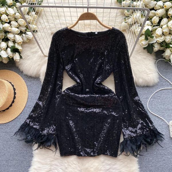 Robes décontractées automne paillettes noires élégantes manches longues évasées une ligne robe de soirée femmes manches fête d'anniversaire courte vintage