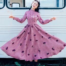 Casual jurken herfst Boheemse stijl vrouw corduroy jurk vintage borduurwerk bloemen elastische taille mori meisje boho retro vestido festa