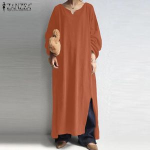 Casual jurken herfst katoenen linnen kaftan vintage vaste lange jurk dames mouw split sundress vestidos vrouwelijk gewaad plus maat