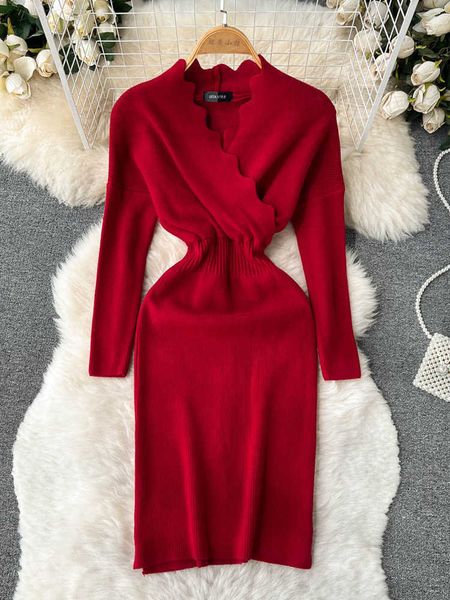 Vestidos casuales Otoño Cruz con cuello en V Elegante suéter de punto Cintura elástica Manga larga Oficina Vestido de fiesta para mujer Rojo P230606