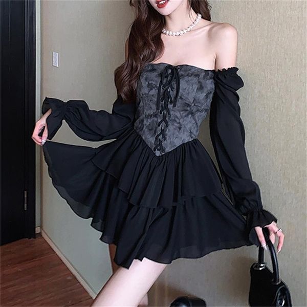 Vestidos casuales Otoño Oscuro Romántico Lazo Teñido Irregular Poncho Vestido Negro Vintage Sexy Para Mujeres Mini Club Party