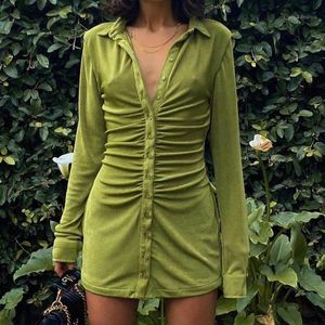 Robes décontractées automne robe femmes 2022 à manches longues Sexy Mini vert bouton vers le haut moulante col rabattu chemise